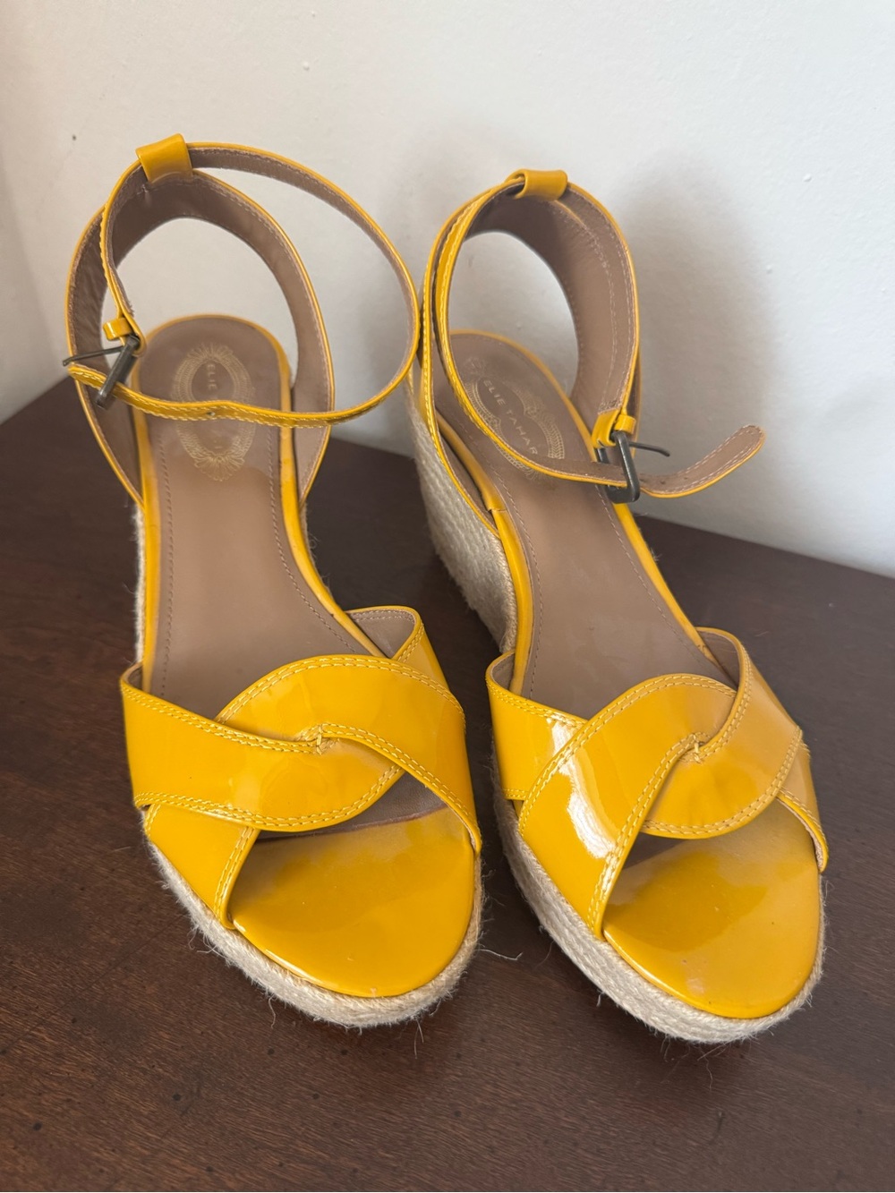 Elie Tahari Yellow Patent Espadrille Wedge Sandals